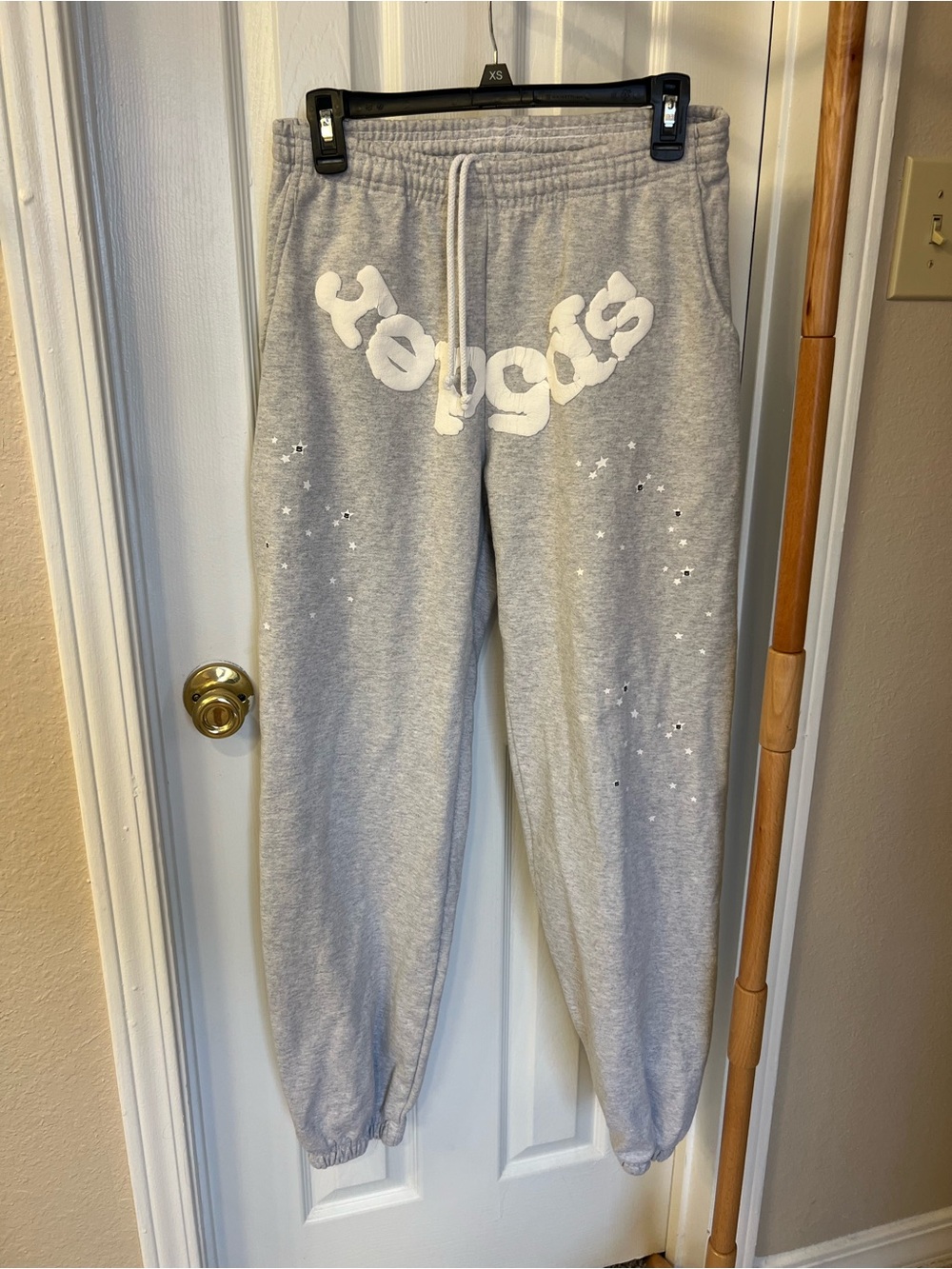 Light Gray SP5DER Sweatpants with White Logo and Star Detail